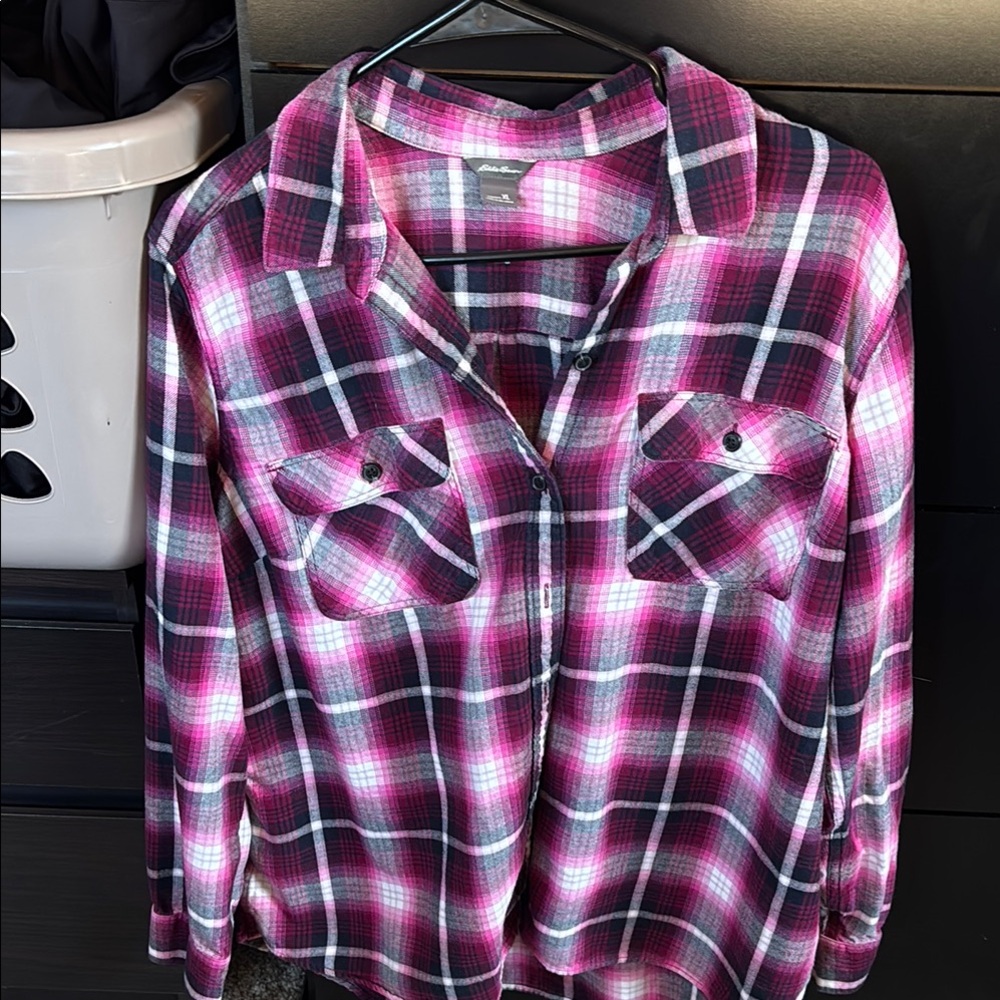 Eddie Bauer Pink and Black Flannel Button Down Shirt XL